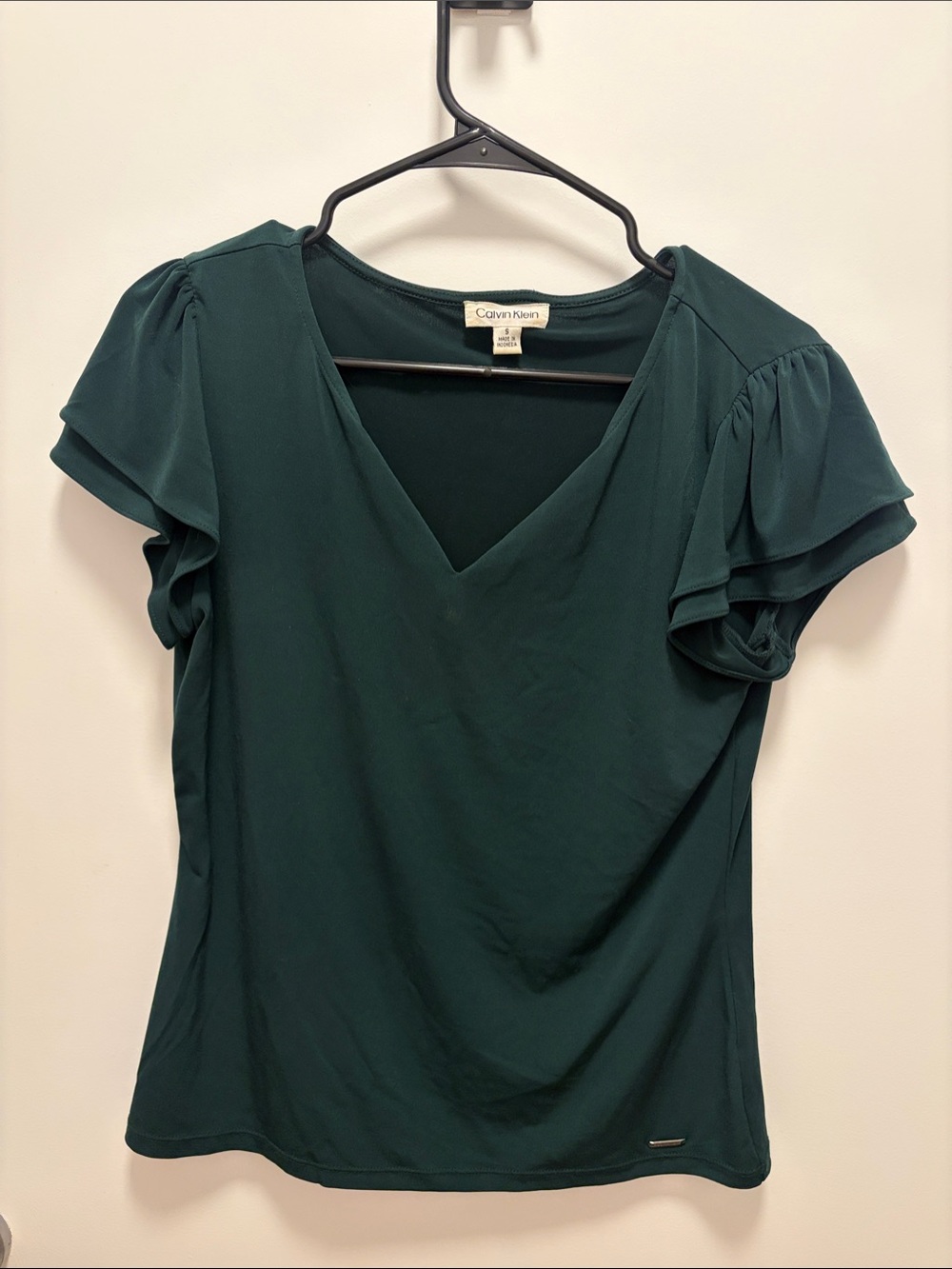 Calvin Klein Forest Green V-Neck Flutter Sleeve Blouse